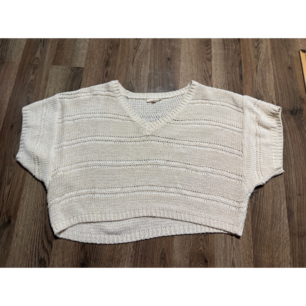 Mystree Sweater Womens Size Small Cream V-Neck Knit Cropped Ribbed Trim